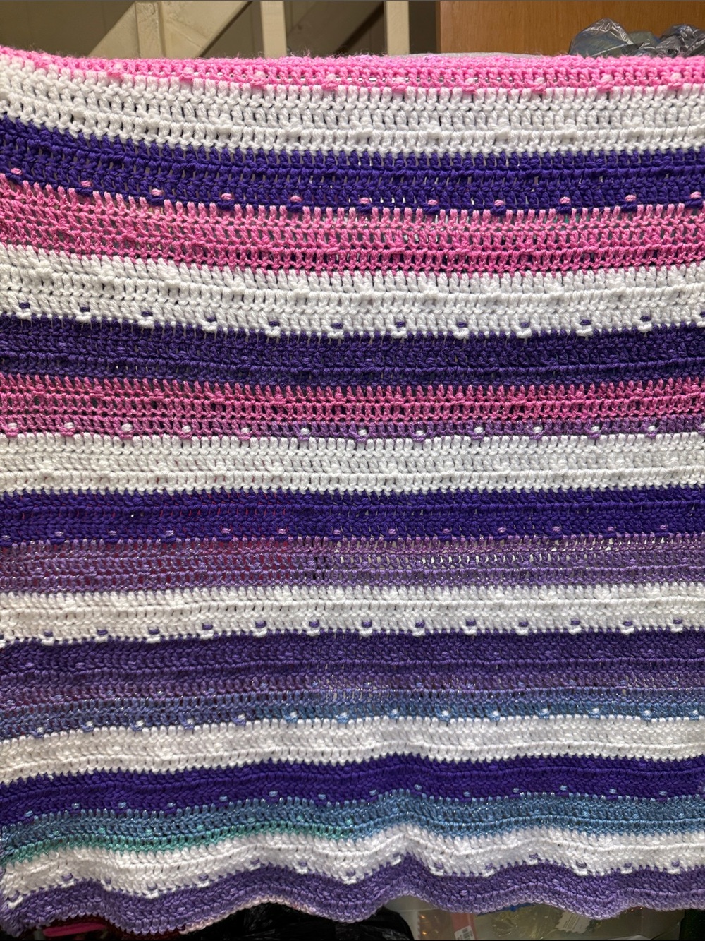 Hand-Crocheted Striped Throw Blanket in Pink, Purple & White